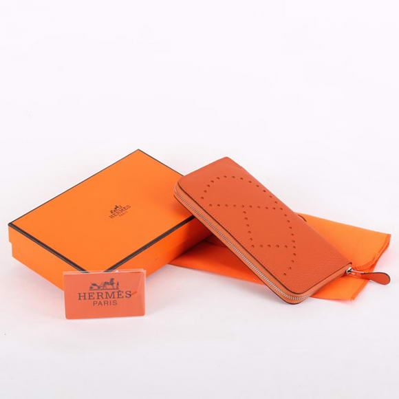 1:1 Quality Hermes Togo Leather Perforated Zippy Wallet 9032 Orange Replica - Click Image to Close